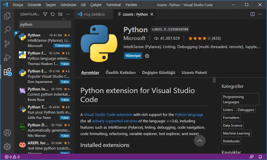 Visual Studio Code Python Paket Kurulumu